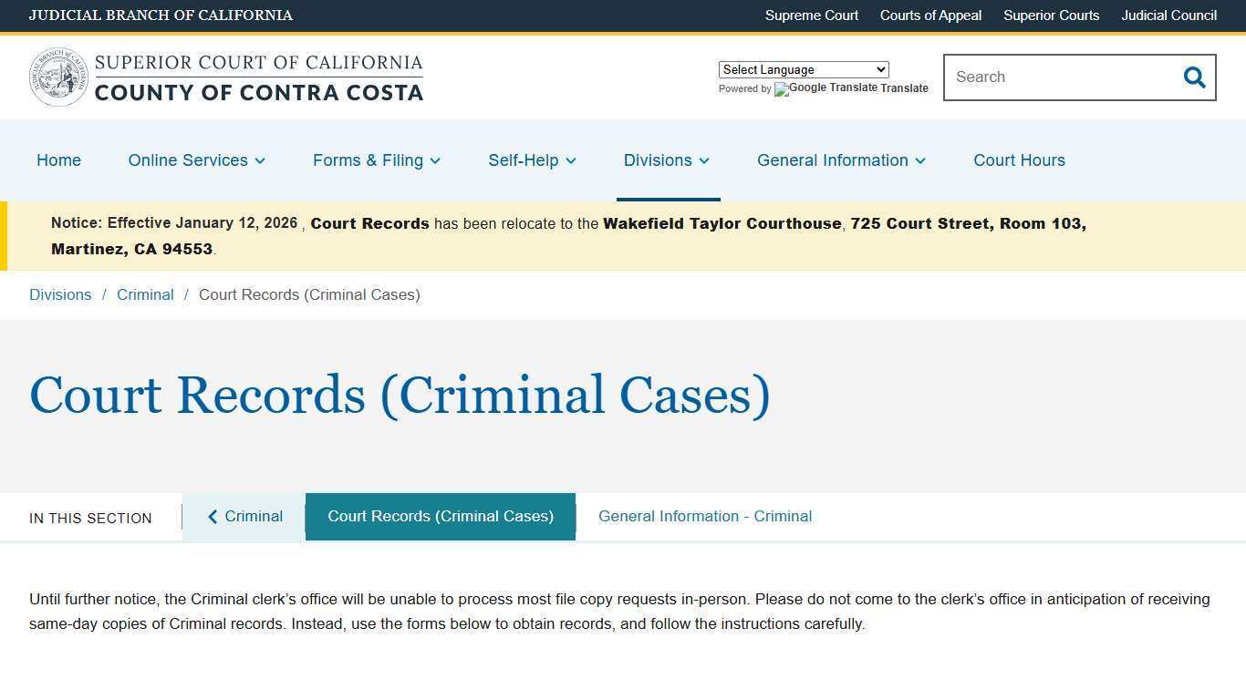Court Records (Criminal Cases) | Superior Court of California | County of Contra Costa